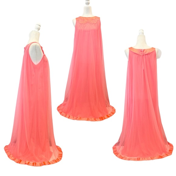 Vintage Artemis Gossard Pink Coral Silky Satin Sheer Chiffon Maxi Gown Robe Set - Picture 11 of 13